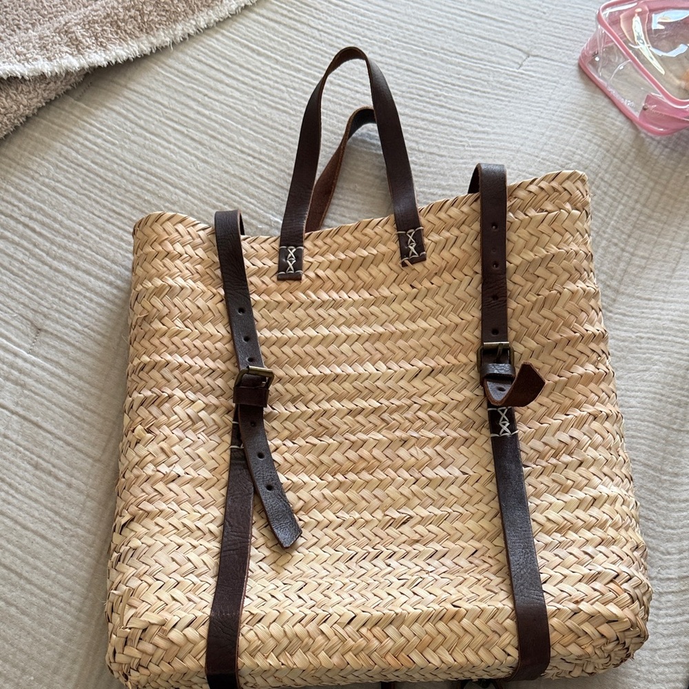 Stylish Tan Woven Tote Bag with Brown Straps